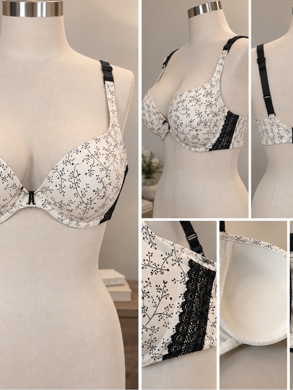 Cacique Cream & Black Floral Lace Underwire Bra